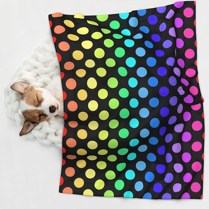 Pet Blanket for Indoor Outdoor Use, Colorful Rainbow Polka Dots, Two Sided Reversible Plush Mat with Bumpy Dot Texture for Patios Crates Portable Bed Companion