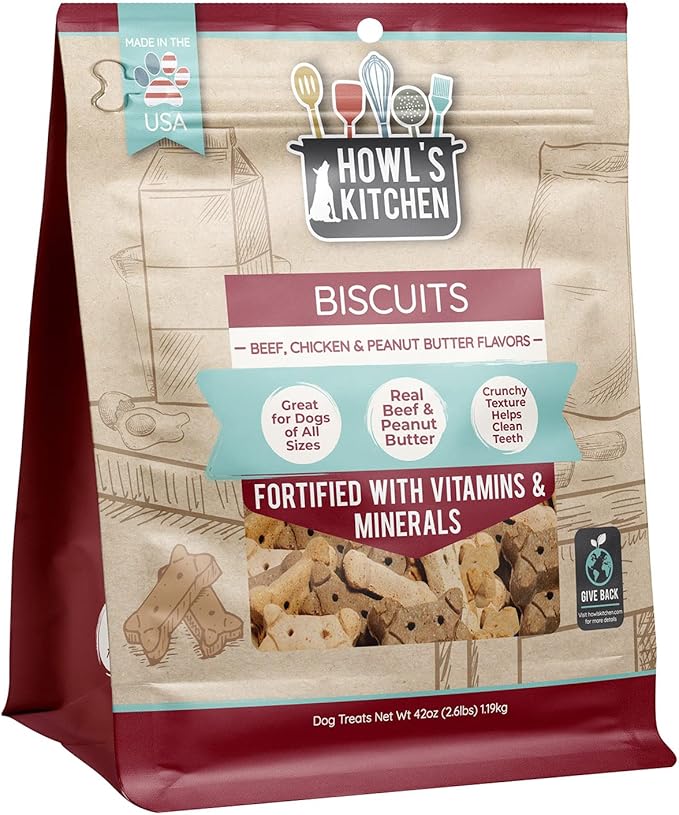 Howl's Kitchen Biscuits, 12 oz Bag, 1 Count, Beef, Chicken and Peanut Butter Mix, Rawhide Free, All Natural Chewy Dog Treats, for All Breed Sizes (Pack of 2)