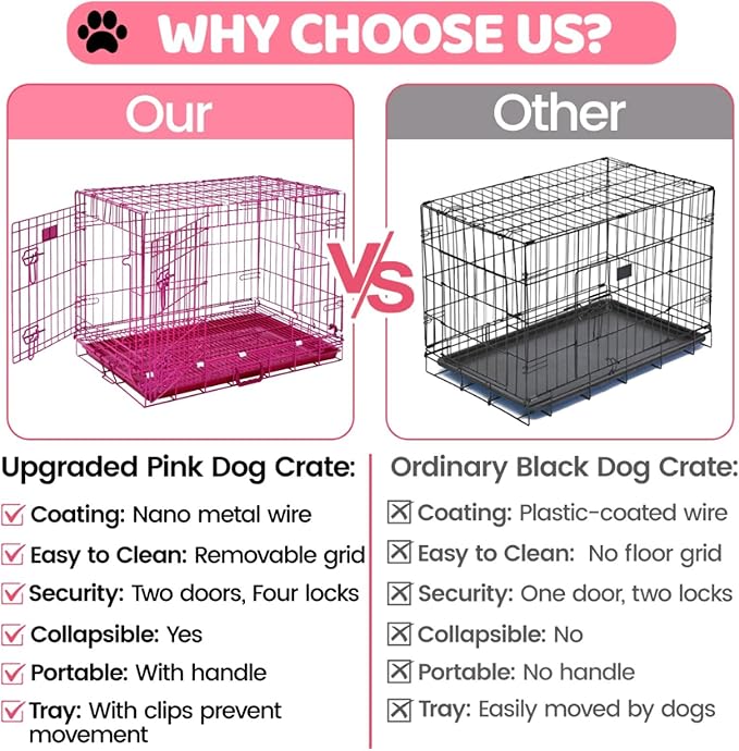 HOMEY PET 36 Inch Dog Crate, Cute Pink Dog Cage Collapsible Medium Dog Kennel Indoor, Nano-Coated Metal Wire Dog Crate with Removable Floor Grid Tray, Double Doors Dual Locks, Portable Handle