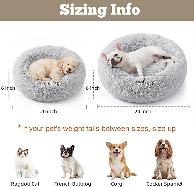 Calming Dog Bed, 24" x 24" x 6" Fits Cat & Dog, Anti-Slip Round Washable Faux Fur for Doze Off, Napping Orthopedic, Grey