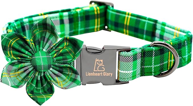 Lionheart glory St. Patrick's Day Dog Collar with Flower Dog Collar for X-Small Dogs, Green Plaid Cute Collars Spring Dogs Collars Flower Puppy Heavy Duty Cute