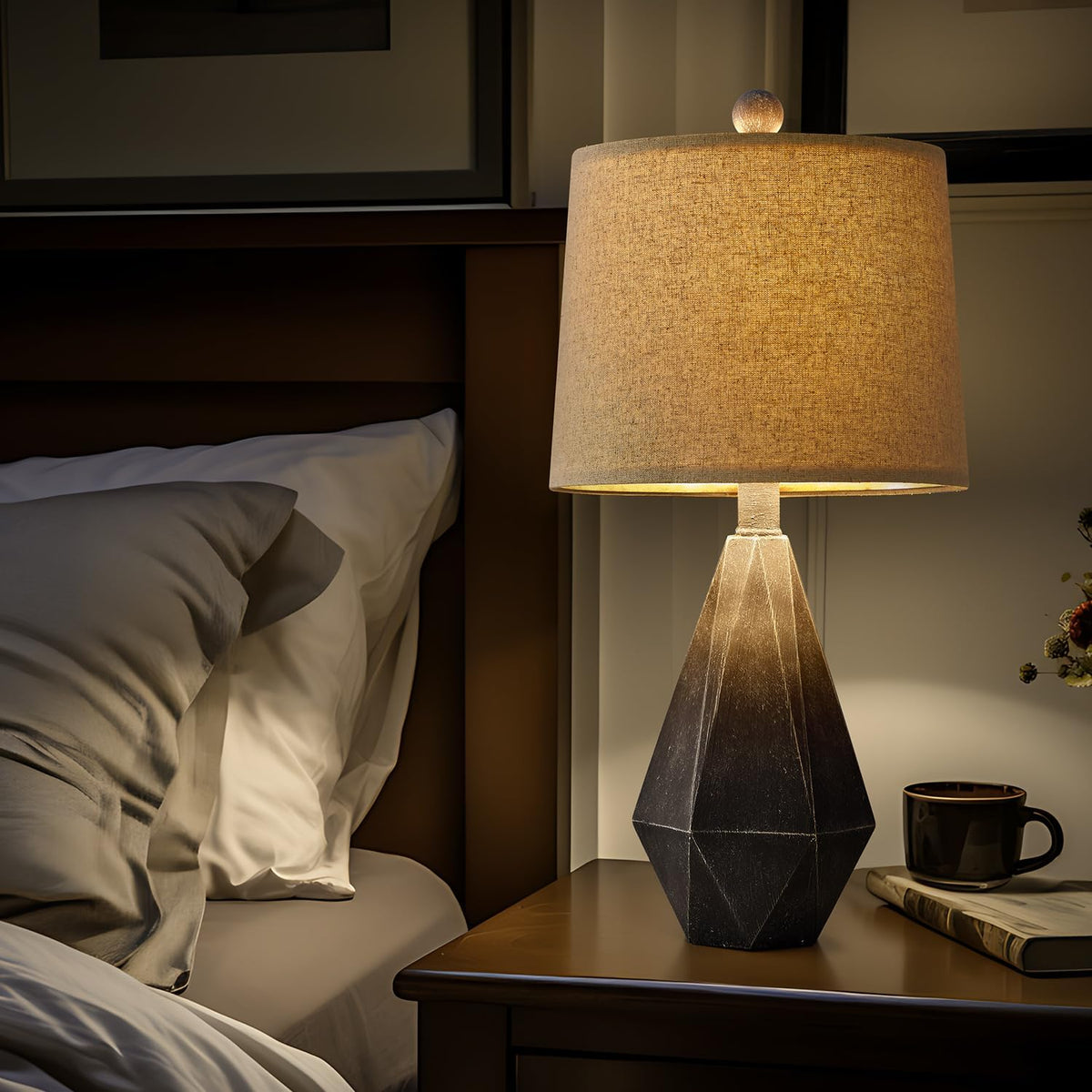 PoKat 20.25" Rustic Farmhouse Table Lamp Sets of 2 for Living Room Bedroom Deep Grey Contemporary Classic Bedside Nightstand Lamp with White Fabric Shade, Suitable for Small Place