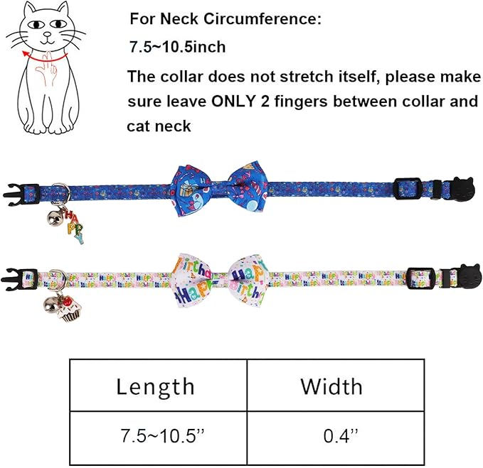 ADOGGYGO Birthday Cat Collars with Bow Bell, Breakaway White Blue Happy Birthday Bowtie Collars for Cats Kittens