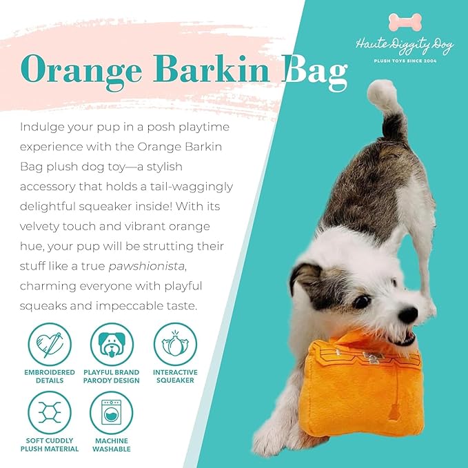 Haute Diggity Dog Barkin Bag, Plush Designer Dog Toys with Interactive Squeaker, Stimulating Pet Enrichment, Machine-Washable & Safe Materials for All Breeds, One Size