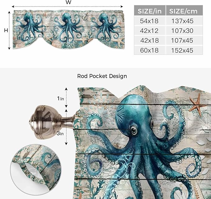 Sea Octopus Ocean Starfish Tie Up Valance Curtains, Nautical Anchor Vintage