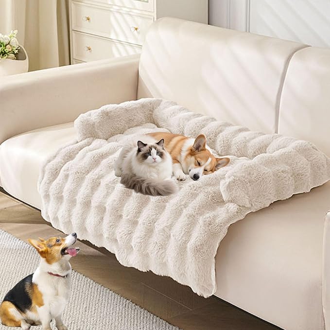 Dream Cloud Pet Sofa Bed, Dream Cloud Pet Sofa Bed Cover, Cozy Rabbit-Velvet Non-Slip Washable Fluffy Plush Pet Mat for Furniture Protection, Soft Couch Bed for Dogs & Cats (White, 80X80 CM)