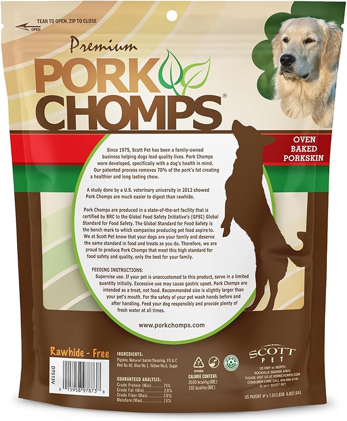 Pork Chomps Baked Pork Skin Dog Chews, 11 Inch Knots, 4 Count, 1 Pack, Bacon Flavor - Long-Lasting Treats for Dogs - High Protein, Rawhide-Free, Low Fat, Healthy & Delicious Chews