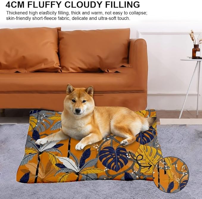Brown Jungle Leaves Little Dog Bed Small Dog Mat Bed Crate Pad Crate Cushion Washable Non-Slip Chew Resistant for Easy to Clean Pad Mat for Cushions Indoor Outdoor 24X18 Inch