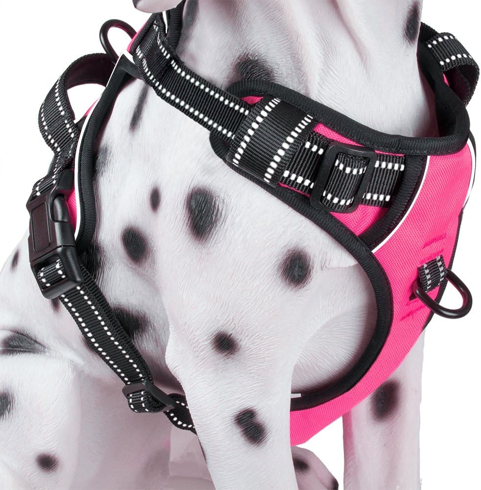 PoyPet No Pull Dog Harness, Reflective Comfortable Vest Harness with Front & Back 2 Leash Attachments and Easy Control Handle Adjustable Soft Padded Pet Vest for Small to Large Dogs (Pink,L)
