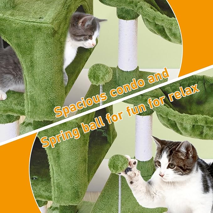 KIYUMI Cat Tree Cat Tower Condo with Sisal Scratching Post for Indoor Cats Cat Tree Cat Furniture with Hammock Perch and Kitten Ball Toys, Multi-Level Pet Activity Center Green