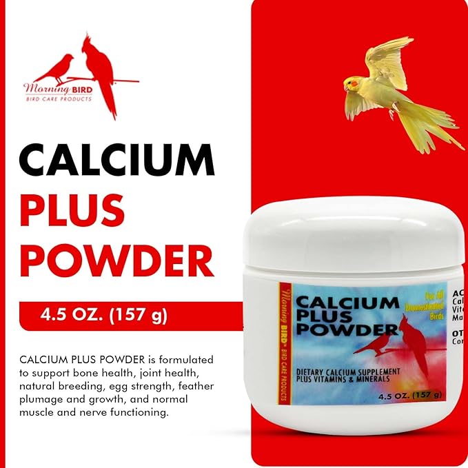 Morning Bird Calcium Plus Powder for Birds 4.5 oz – Calcium Supplement with Vitamin & Protein Powder – Supports Bone Health, Muscle Function & Digestive Balance – Easy-to-Mix Calcium Formula