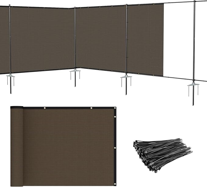 Patio 6' x 123' Outdoor Privacy Screen Freestanding Temporary Fence Panels Net Cover with Metal Poles for Outside Backyard Pool Garden Air Conditioner Fencing, Brown