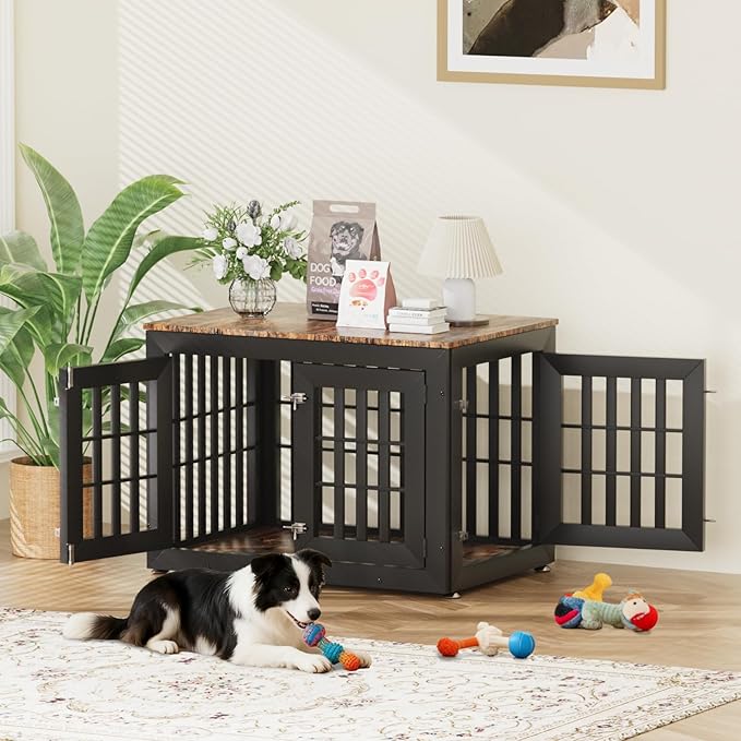 38" Heavy Duty Dog Crate Furniture for Small,Medium and Large Dogs,Rustic Wooden Dog Cage Kennel Indoor Furniture with Waterproof Top,Decorative Pet House Side End Table (Black & Wood)