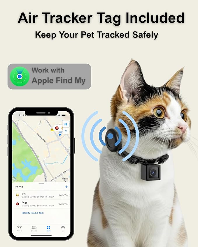 Cat Camera Collar with Tracker Tag, 1080P HD Video Recording Pet POV Cam, NO WiFi NO APP, Body Camera for Cat/Dog Tracking — Lightweight, Night Vision, Easy Playback