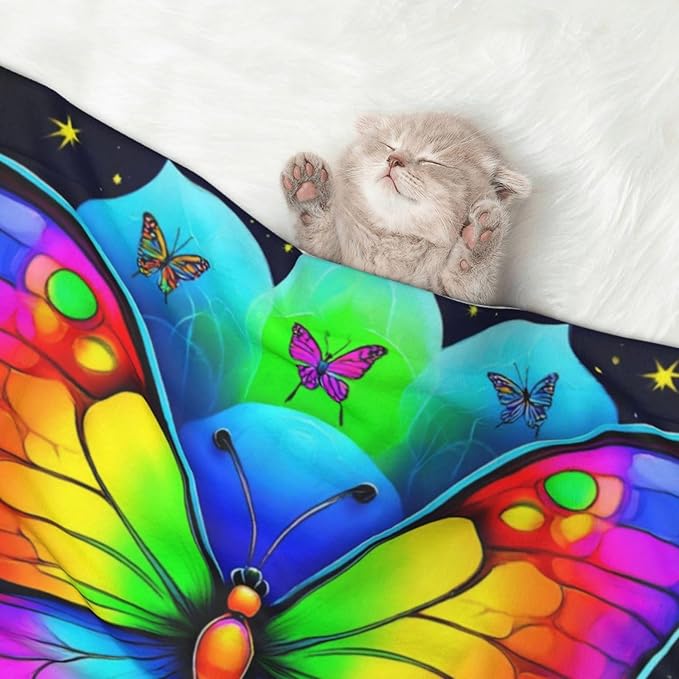 Two Sided Plush Pet Blanket for Warmth Comfort, Butterflies Mandala Rainbow Art Black and White, Reversible Throw with Cozy Nubby Side for Chilly Nights Napping Spots Around House