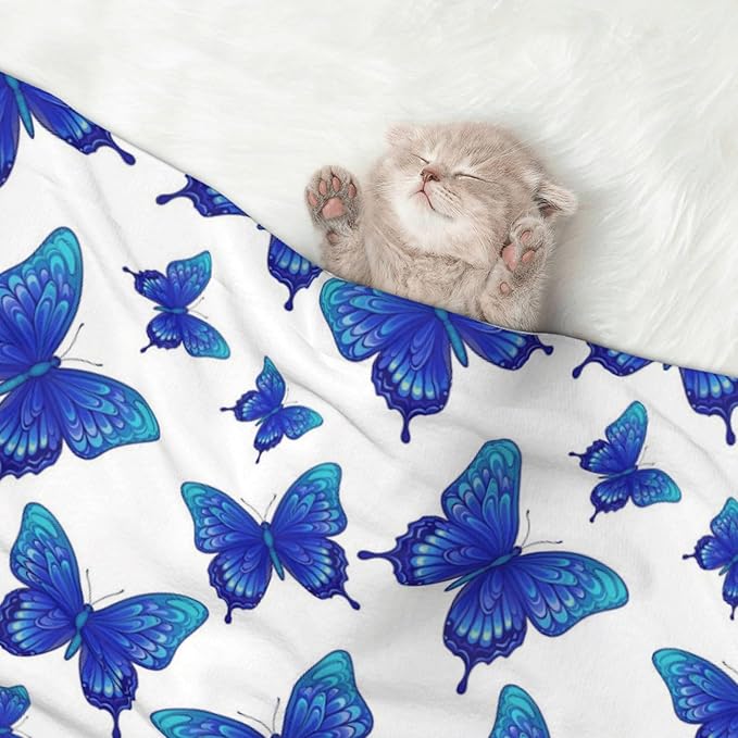Double Sided Plush Pet Blanket with Cozy Dot Texture and Smooth Reverse, Butterflies Blue Purple, Reversible Throw for Dogs Cats on Couches Beds Crates