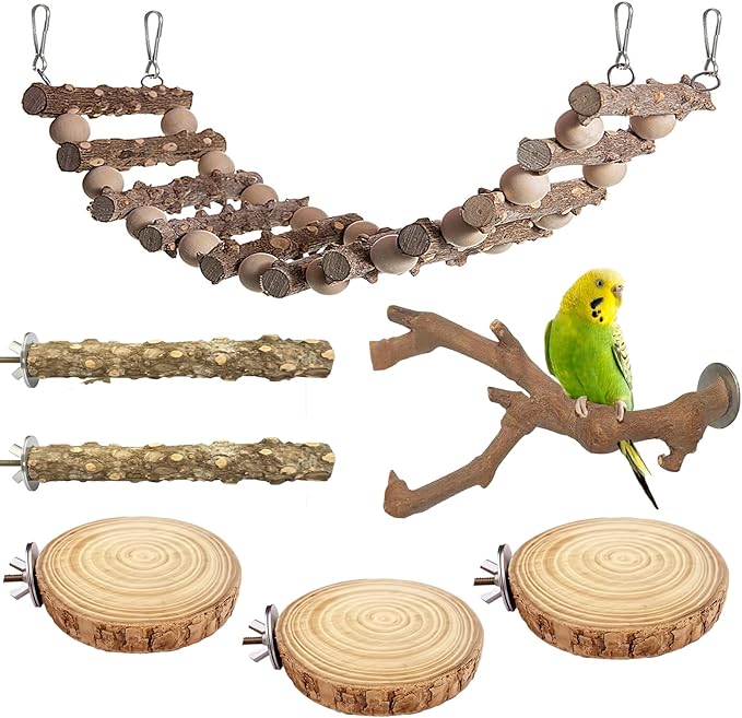 Brid Perch Stand 7PCS Natural Perches for Parakeets Include Ladder for Birds cage,Bird Cage Accessories for Parakeets, Cockatiels, Conures, Lovebirds (Nature Wood, Free Size 7pcs)