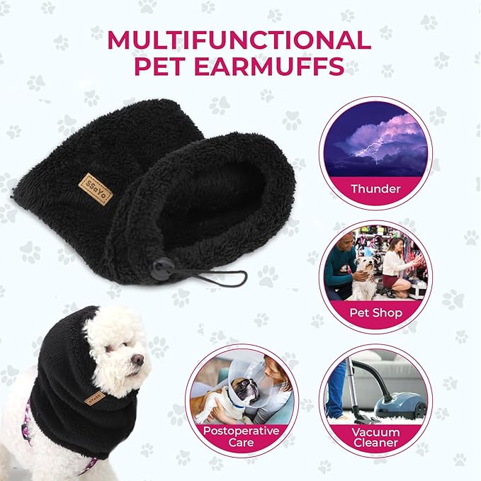 Dog Ear Muffs Noise Protection - Soft Calming Hood for Anxiety Relief, Fireworks, Thunder, Grooming & Vet Visits - Elastic Band & Comfortable Neck Warmer for Travel (Black, Medium)