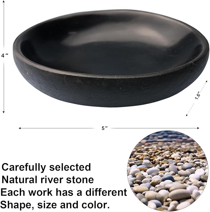 Natural River Stone Reptile Food Bowl - Handmade Pebble Dish for Reptiles, Amphibians, Hedgehogs, and Small Pets - Unique Size, Shape & Color - Water & Food Bowl (Black)