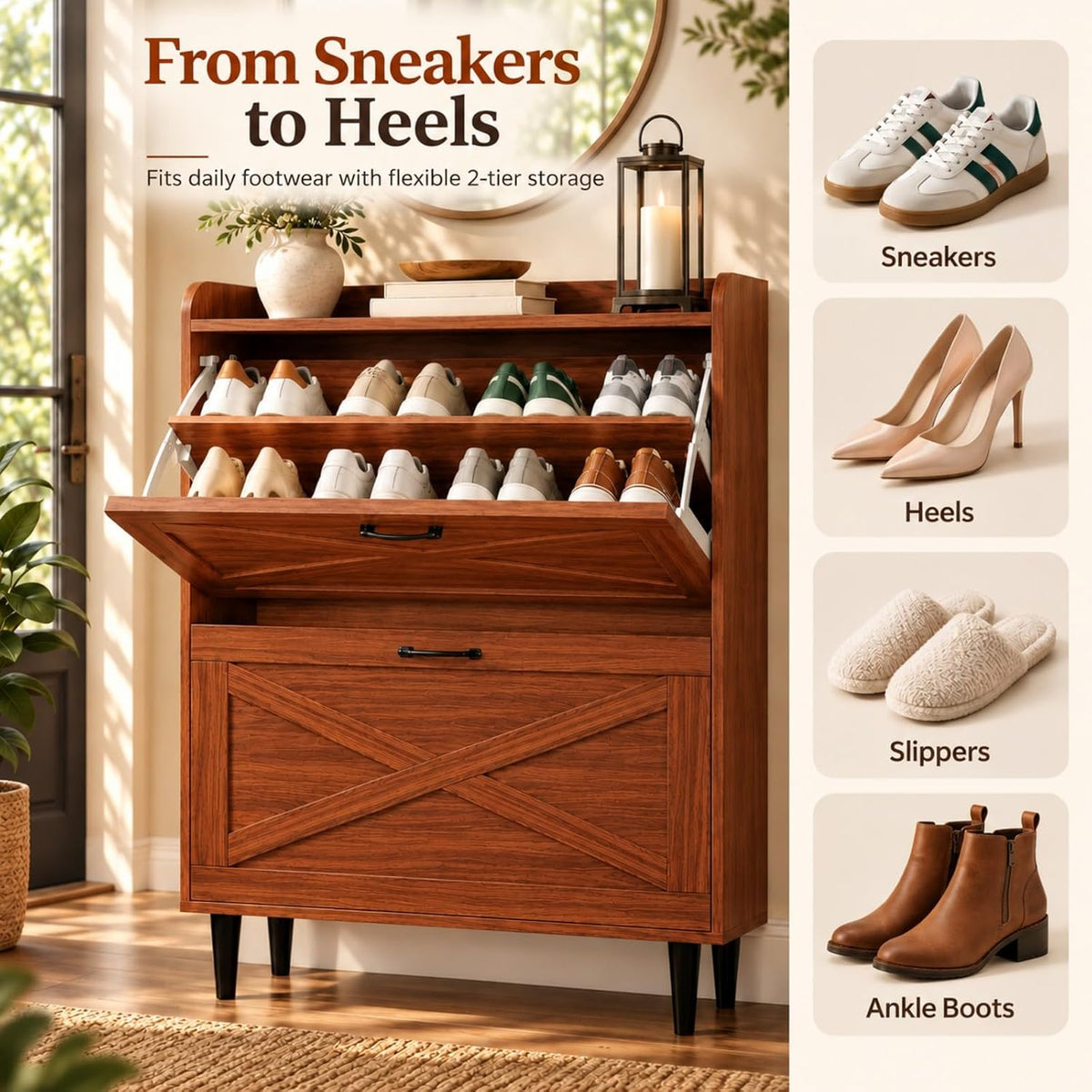 VINGLI Shoe Storage Cabinet for Entryway with 2 Flip Drawers, Ultra Slim Freestanding Entryway Shoe Organizer with Wood Tapered Legs,Hidden Closed Shoe Rack,31.6" W * 9.4" D * 39.4" H, Walnut