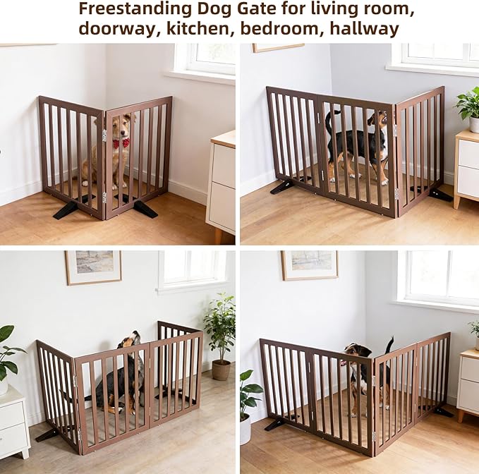 ZJSF Freestanding Indoor Dog Gate for House Foldable Wood Puppy Gate for Doorways Pet Gate for Stairs Extra Wide Pet Fence, Brown, 32" Height 2 Panels