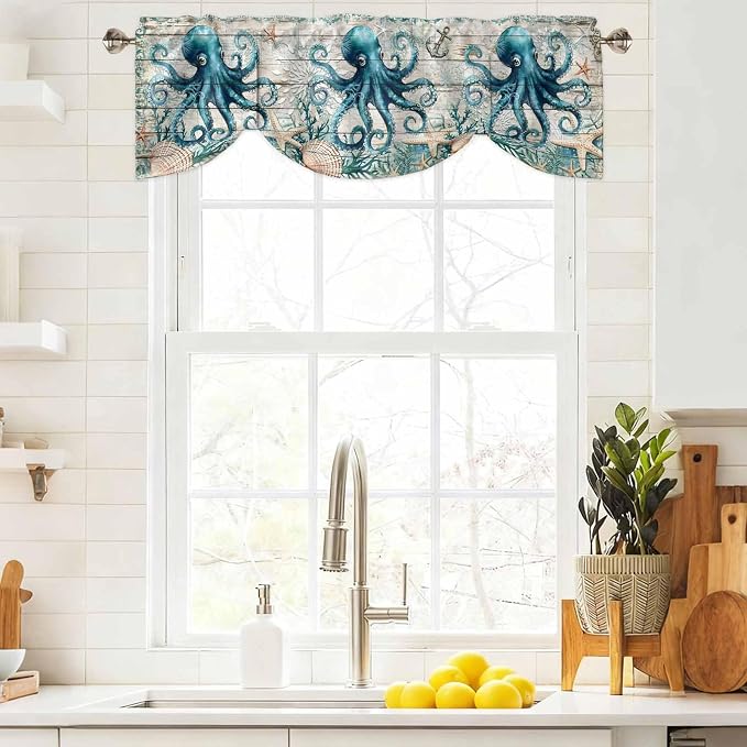 Sea Octopus Ocean Starfish Tie Up Valance Curtains, Nautical Anchor Vintage