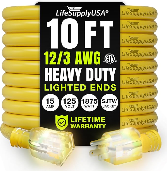 10ft Outdoor/Indoor Extension Cord 12/3 Gauge Extra Heavy Duty 3 Prong SJTW, Waterproof, ETL Listed, Flexible Cold-Resistant Long Power Cord,15A 125V 1875W, Yellow by LifeSupplyUSA