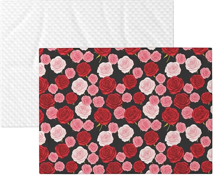 Double Sided Pet Bed Blanket for Added Cushion Warmth, Black White Stripes Red Rose Flowers, Reversible Cover with Textured Dot Surface for Existing Beds Standalone Mat