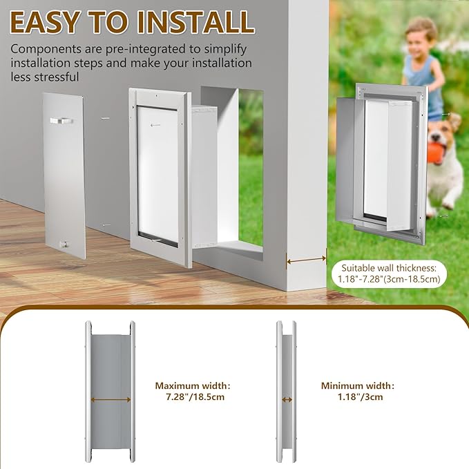 Ownpets Aluminum Large Dog Door for Wall and Door, Double Flap Energy Efficient, Telescoping Tunnel and Lock Panel, Heavy Duty Doggy Door for Dogs Up to 100lbs