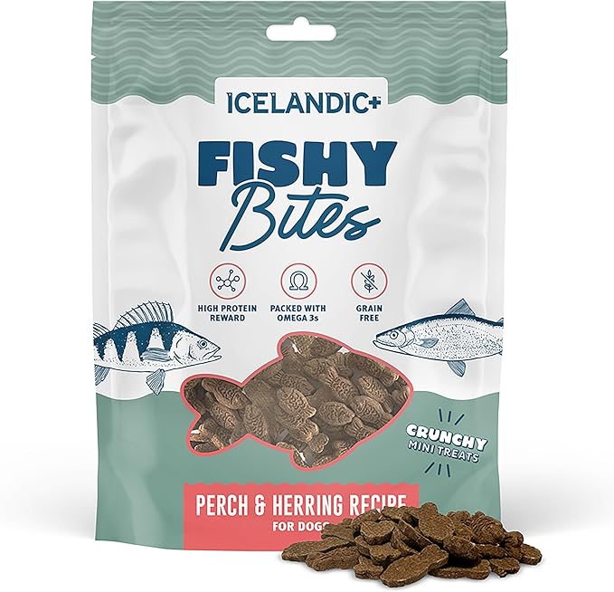 Icelandic+ Fishy Bites: Perch & Herring - 2oz - Dog Treats, Crunchy Mini Snacks, 3 Ingredient Pet Rewards, Preservative Free, Slow Baked, Natural (Pack of 2)