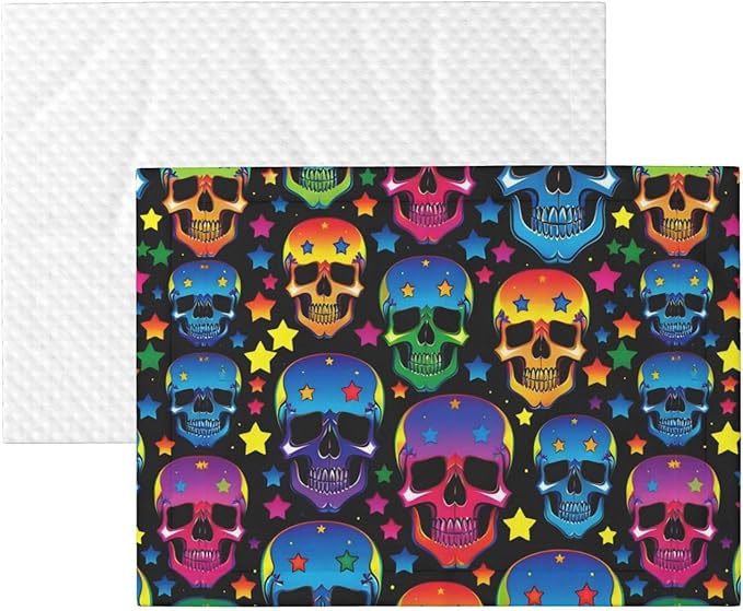 Double Sided Pet Mat for Dog Bed Topper Cat Blanket Furniture Protector, Colorful Stars Neon Skulls, Reversible Plush with Tactile Dot Pattern for Style Change