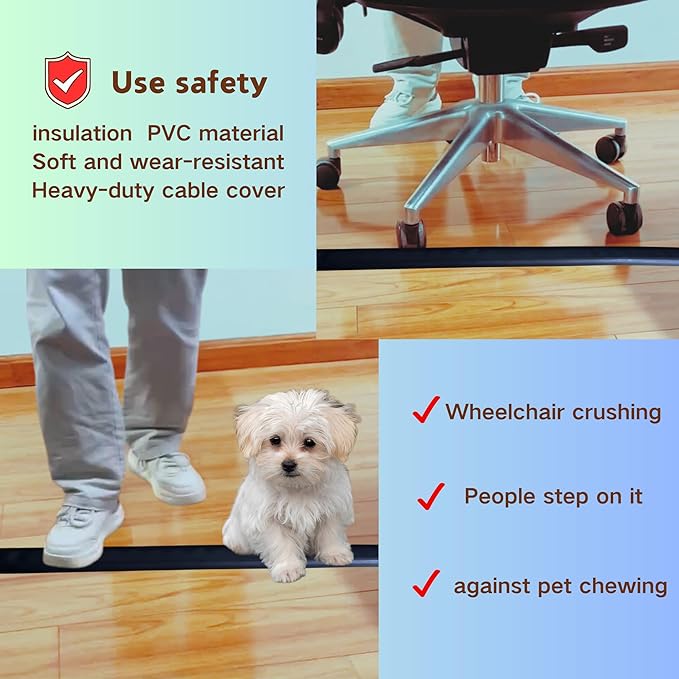 10ft Self Adhesive Floor Cord Cover,Cable Cavity:0.61" (W) x 0.32" (H),Heavy Duty Soft PVC Cable Protector and Extension Cord Hider,Cord Management System to Hide Wires on Floor,Black