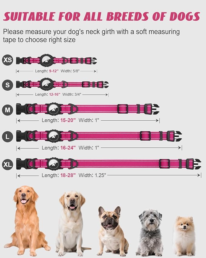 Joytale Airtag Dog Collar, Reflective Pet Collar with Waterproof AirTag Holder, Dual D-Rings, Soft Padded Adjustable for Extra Small and Puppy Dogs, Hotpink, XS