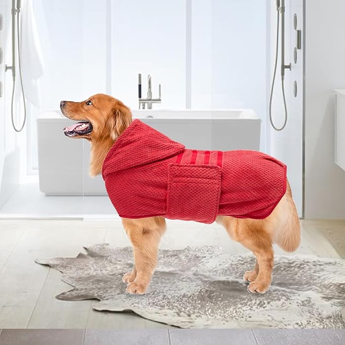 Geyecete Pineapple Grid Dog Drying Coat with Hood - Red, XL