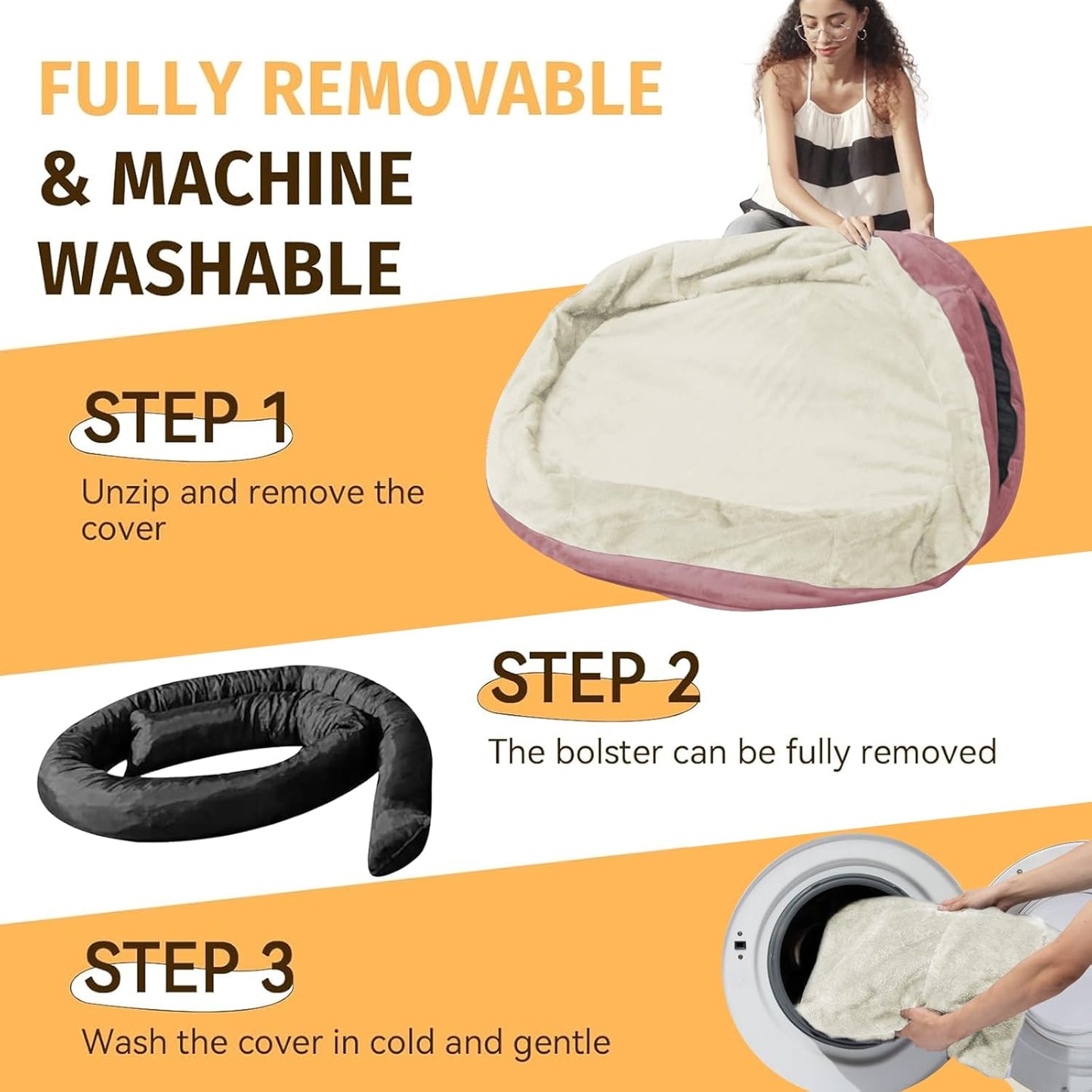 Orthopedic Washable Large Dog Bed: Cooling Dog Bed with Bolsters - Jumbo Bed Waterproof Removable Cover Non-Slip Pet Bed for Extra Large Sized - Pink