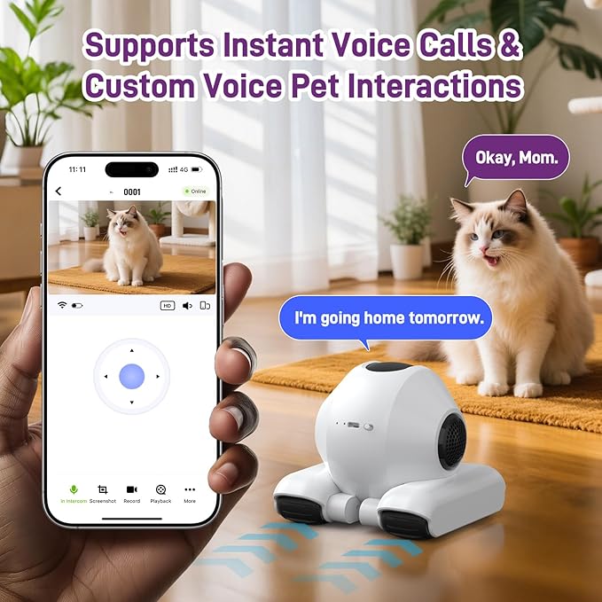 BABORUI Pet Camera Robot with 1080P HD Video, Two-Way Audio, Motion Tracking | Smart Pet Monitor with Night Vision, App Control, and Voice Interaction | Ideal for Dogs & Cats
