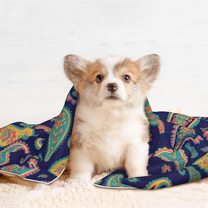 Two Sided Plush Pet Blanket for Crates Carriers Home Use, Colorful Paisley Flowers, Reversible Throw with Cozy Dot Fabric and Silky Reverse for Small Large Pets