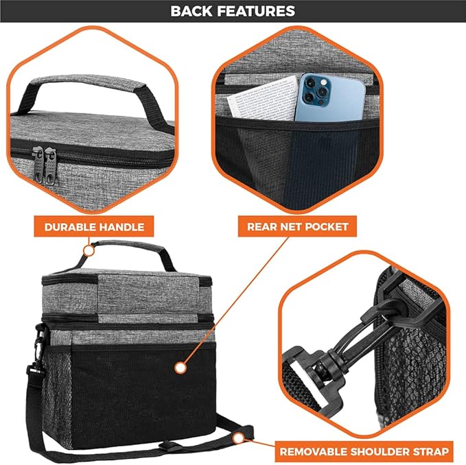 opux Insulated Lunch Bag for Men Women, Large Dual Compartment Cooler Bag, Soft Two Deck Lunch Box for Work School Picnic, Leakproof Lunch Tote with Shoulder Strap for Kid Adult (Gray, Double Deck)