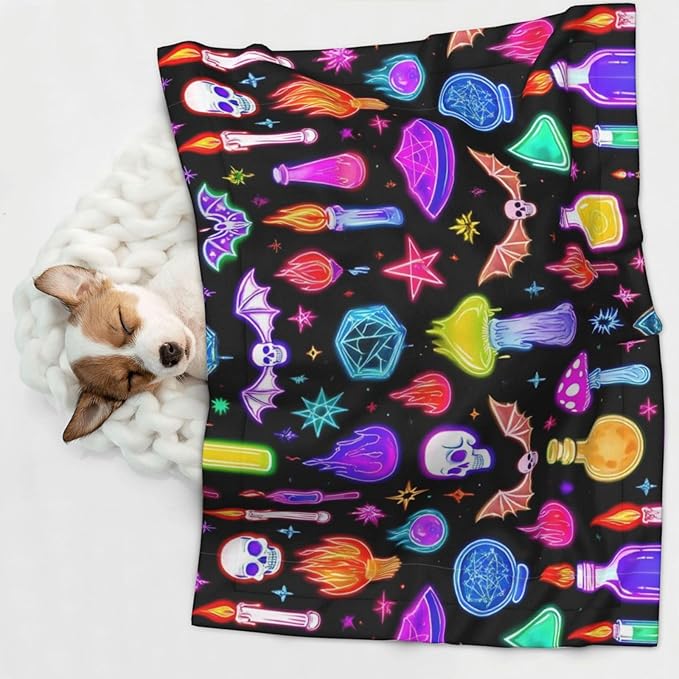 Dog and Cat Blanket in One, Halloween Goth Skull Bat Mushroom Witchy Witch, Double Sided Plush Throw with Raised Dot Pattern on One Side and Flat Velvet on Other for Variety