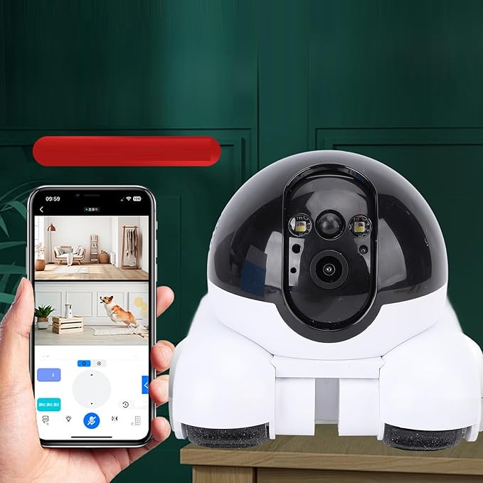 PUSOKEI 1080P Indoor Security Camera, Movable WiFi Pet Camera with Dual Lens, 2 Way Talk, Motion Detection, Night Vision, APP Remote Control, Wire Less Robot Cam for Cat Dog Family