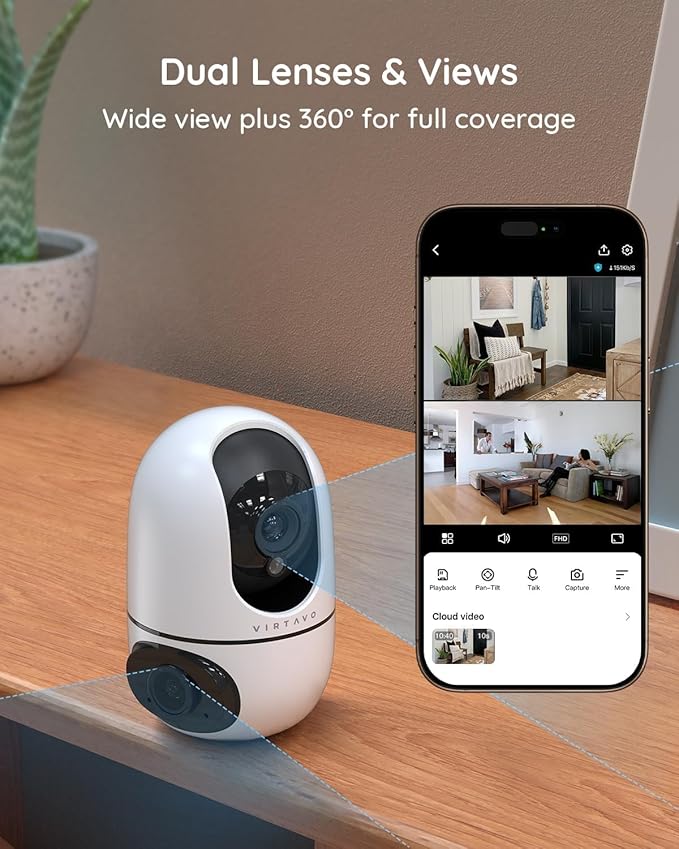 VIRTAVO XD1 Indoor Pet & Baby Camera, No Subscription Required, Dual-Lens 360° PTZ, Motion Tracking, 2-Way Audio, Night Vision, Cloud/SD Storage, Phone App, WiFi, 2-Pack,Power Adapter Included