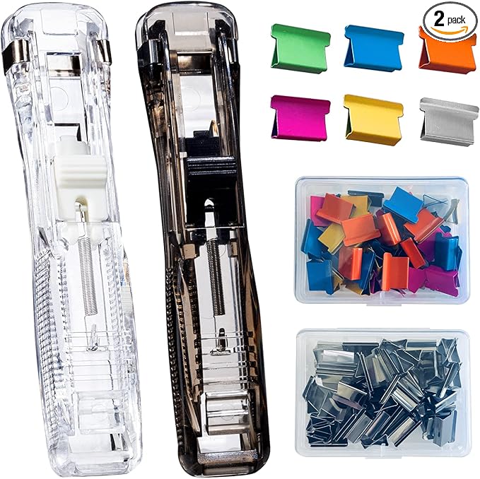 Reusable Portable Paper Clam Clip Dispenser Refill Clips, 40 Sheet Capacity-2Pcs Clam Clip Dispenser 100 Metal Refill Clips (50 Silver + 50 Color) for Home School Desk Office (White and Black)