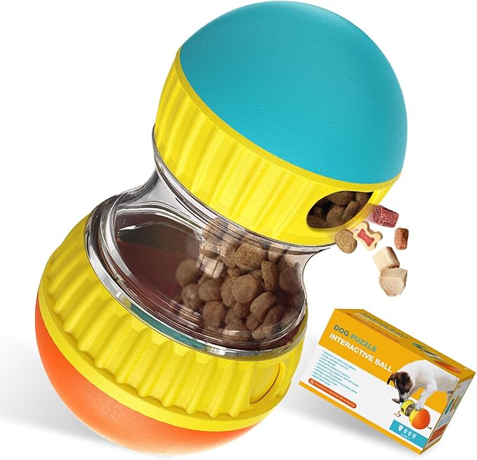Dog Treat Dispensing Puzzle Toy Adjustable Food Dispenser Slow Feeder Puppy Enrichment Rolling Ball Pet Interactive Chase Toys Stimulating Game for Small Medium Dogs Gift to Keep Them Busy
