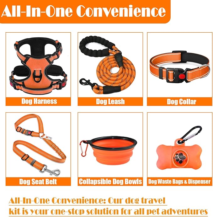 No Pull Dog Harness, Collar & Leash Set | Includes Dog Seat Belt, Collapsible Bowls & Poop Bag Dispenser. Ideal for Training, Walking, Hiking. Fits Small to Large Dogs(Orange-S)