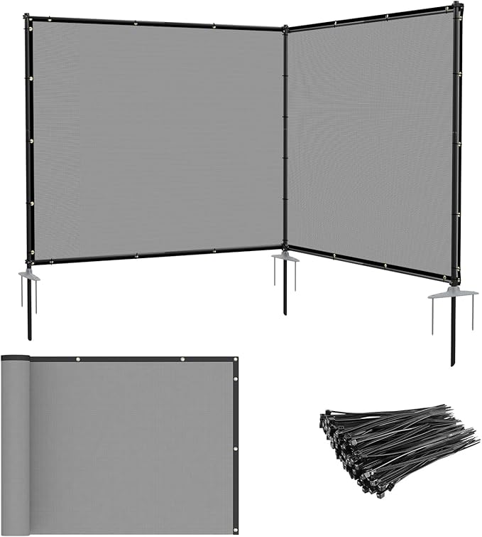 Patio 5' x 7' Outdoor Privacy Screen Freestanding Temporary Fence Panels Net Cover with Metal Poles for Outside Backyard Pool Garden Air Conditioner Fencing, Light Gray