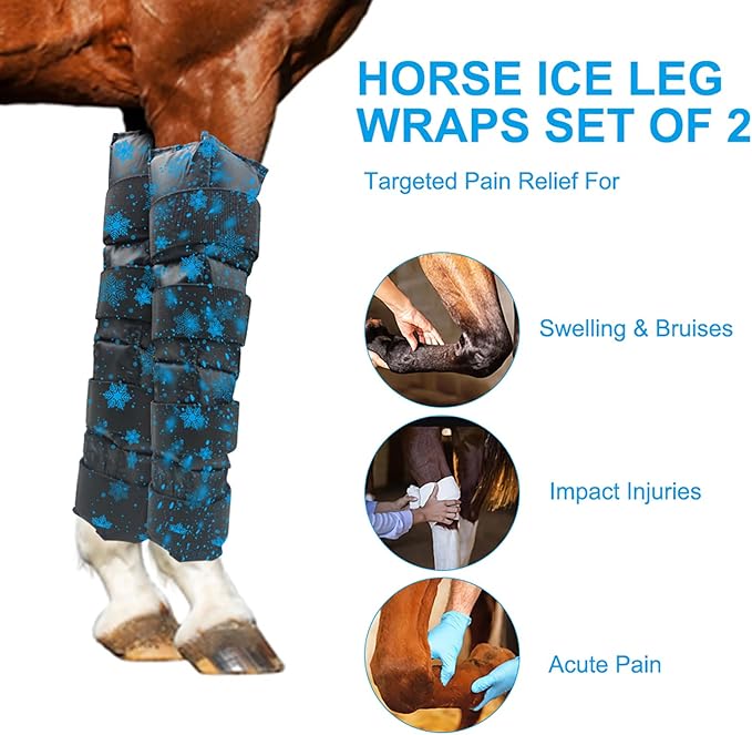 Horse Ice Boots (2-Pack) - Gel Cold & Hot Therapy Wrap for Horse Leg Injuries & Arthritis - Reusable Horse Ice Pack Leg Wraps with 4 Adjustable Straps for Knee, Hock, Tendon - Horse Supplies & Tack