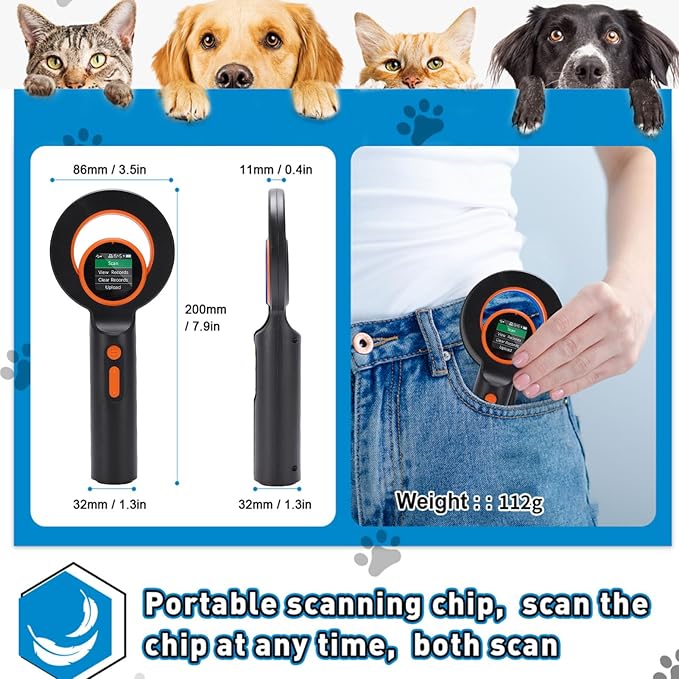 Fafeicy Pet Chip Reader, EMID FDX B ISO11784 85 Scanner with 2.4G BT USB Connectivity, for Animal Marker and Glass Digital Tag Detection up to 20cm