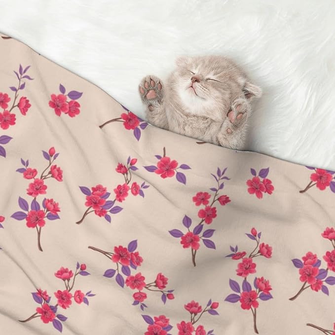 Dog and Cat Blanket in One, Cherry Flower Seamless Flowers Pattern, Double Sided Plush Throw with Raised Dot Pattern on One Side and Flat Velvet on Other for Variety