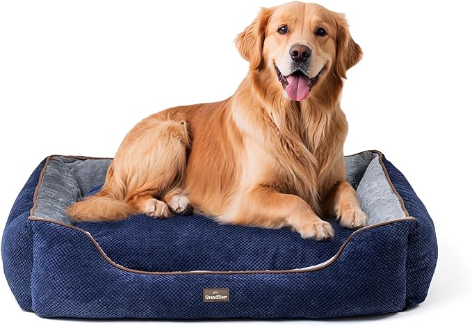 GRANDTIES Fluffy Dog Beds for Small Medium Large Dogs & Cats, Machine Washable Dog Bed, Rectangle Breathable Soft Calming Sleeping Warming Pet Beds with Waterproof & Non-Slip Bottom (XL 40", Navy)