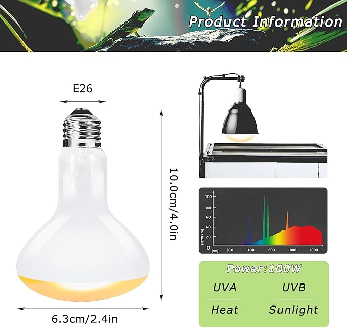 60W UVA Reptile Heat Lamp Bulbs, Basking Spot Light for Bearded Dragon, Lizard, Tortoise, Chicks & Amphibians – Simulated Sunlight, Daylight Bulb for Terrarium | 2 Pack, 2.5 Inch